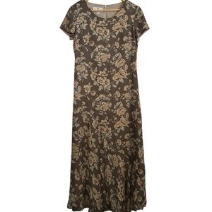 Saks Fifth Ave 100% Silk Brown Floral Maxi Sundress Short Sleeve Crew Neck Sz 6